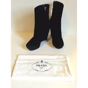 Prada Women's Boots Wedge Platform heels High Suede Black Authentic IT 39 US 9